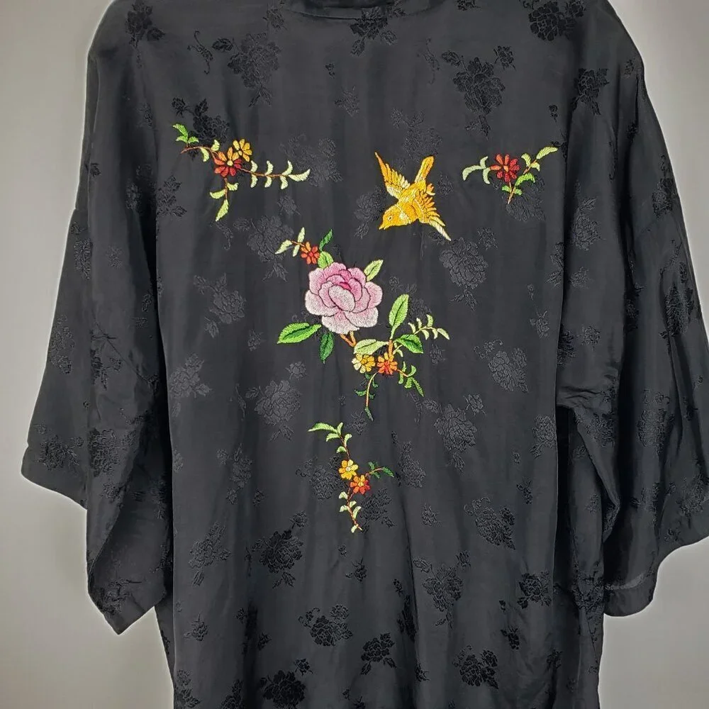 Golden Bee Vintage Black Silky Rayon Robe Kimono Embroidered Floral Bird Small